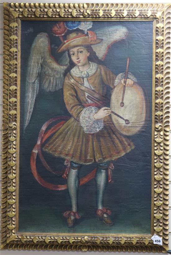 Cuzco School, oil on canvas, angel portrayed as a drummer 83 x 52cm
